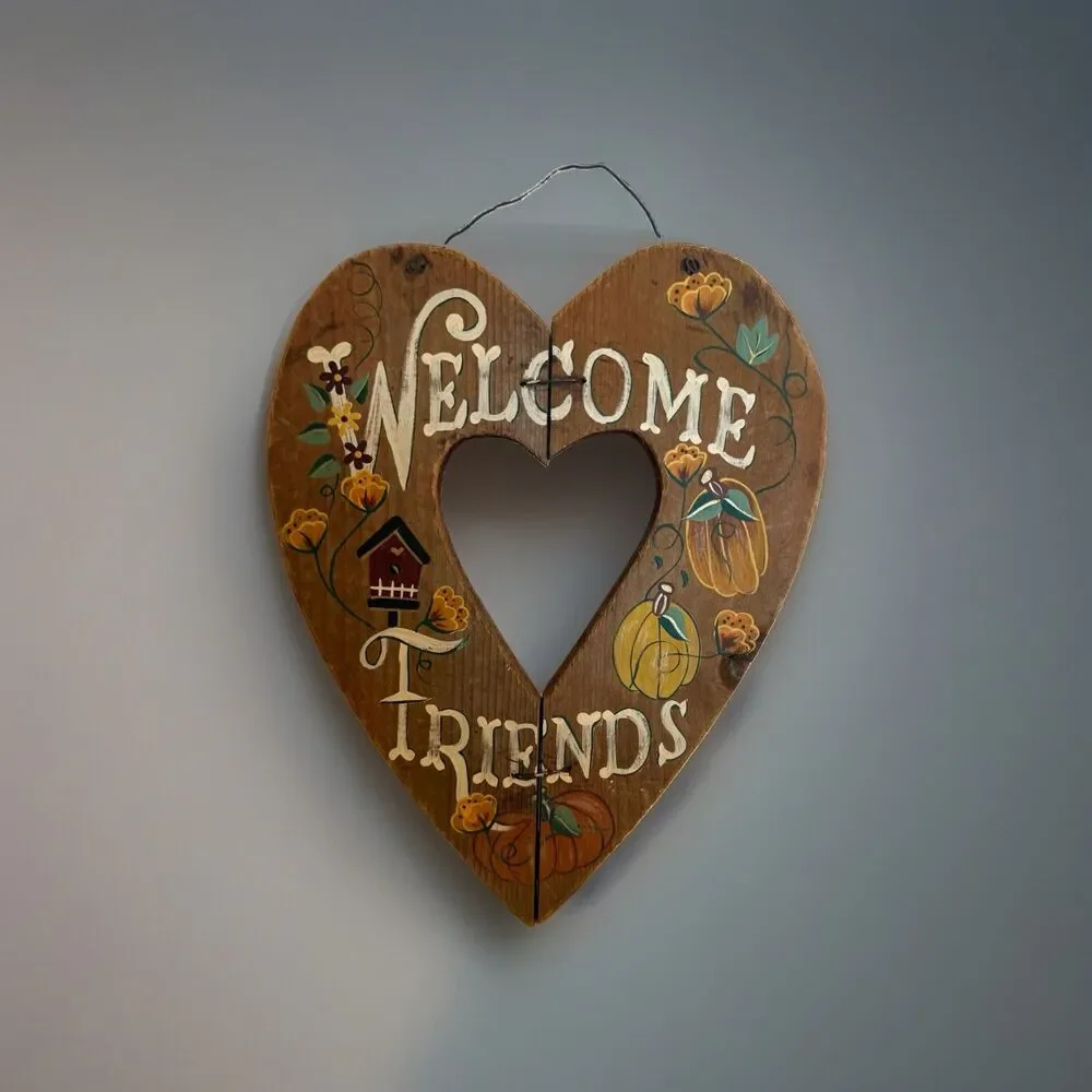 Primitive Wood Welcome Friends Fall Hanging Heart Sign Floral Pumpkin Cottagecor